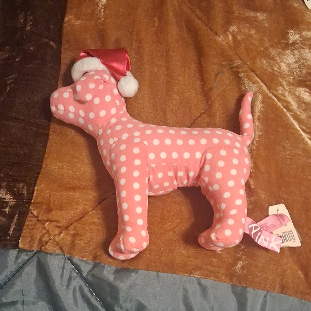 PINK Victoria's Secret Pink Polka Dot Dog Plush with Santa Hat